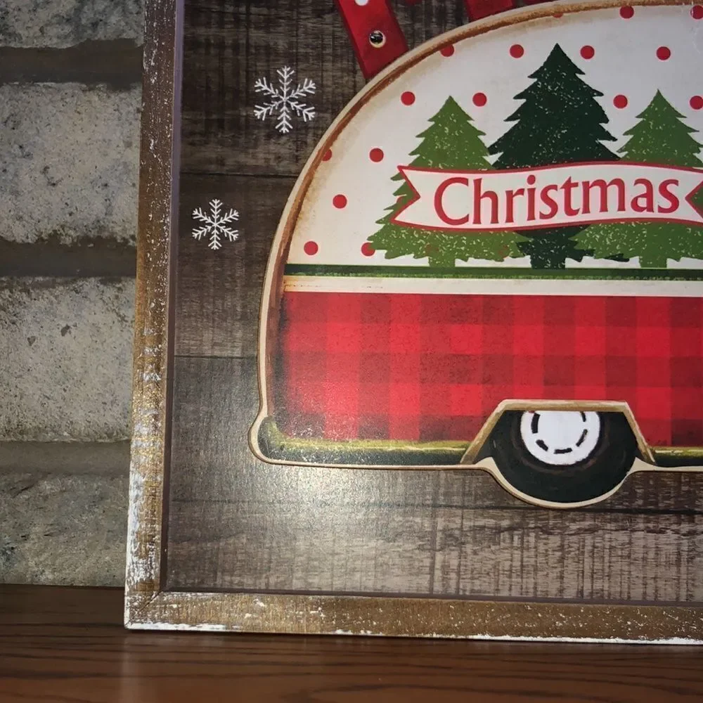 Shabby Chic Merry Christmas Camper Snowman Wooden Light up Picture